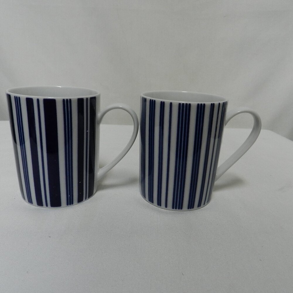 John Lewis porcelain blue white vertical stripes Mug Cup Set Pair 2 dish micro